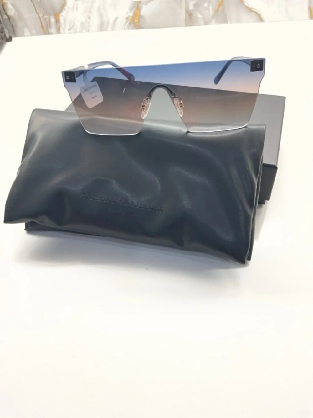 Gradient Blue Rimless Shield Sunglasses — Carolina Lemke